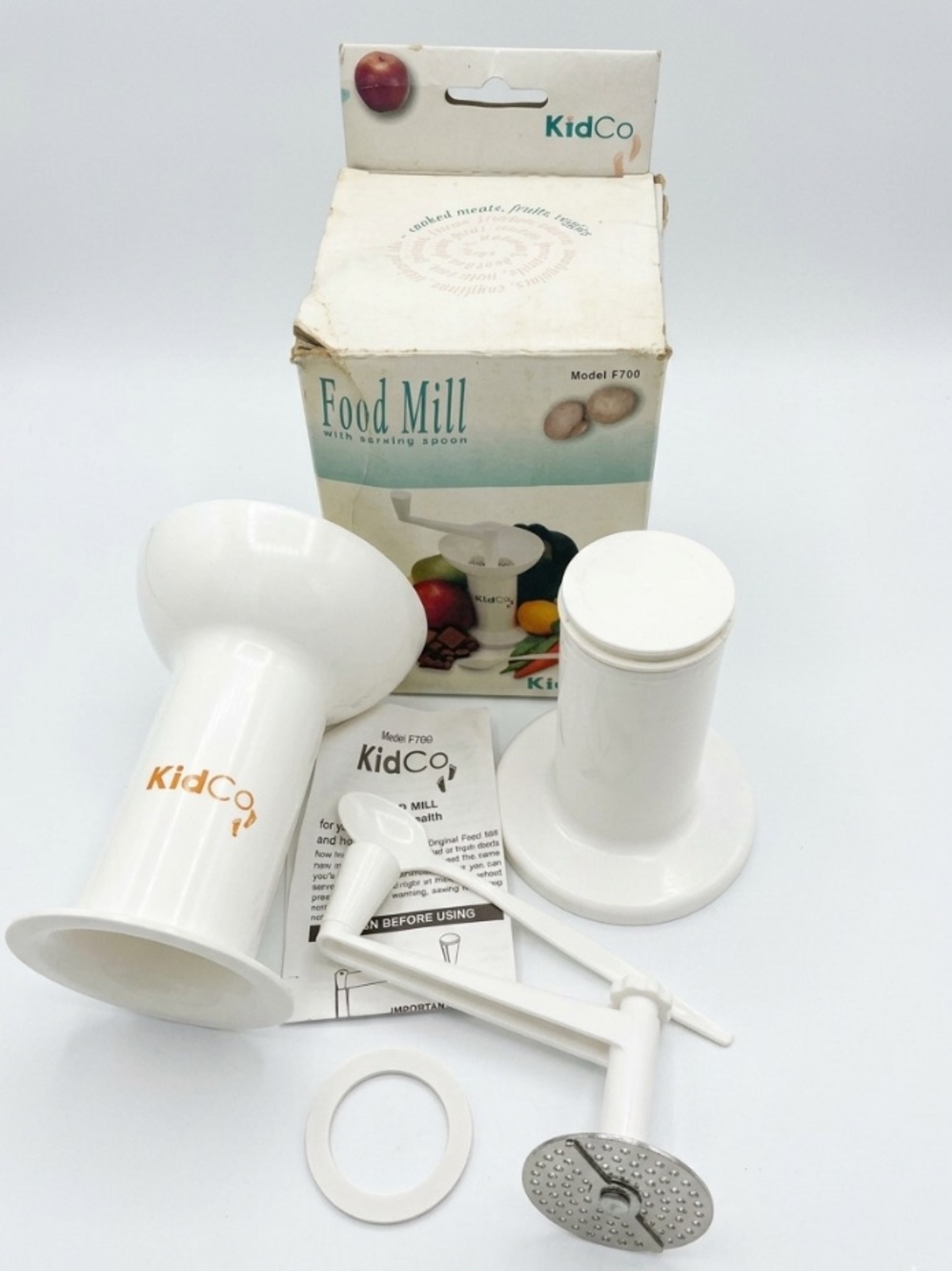 KidCo White Food Mill with Serving Spoon - Compact Kitchen Tool